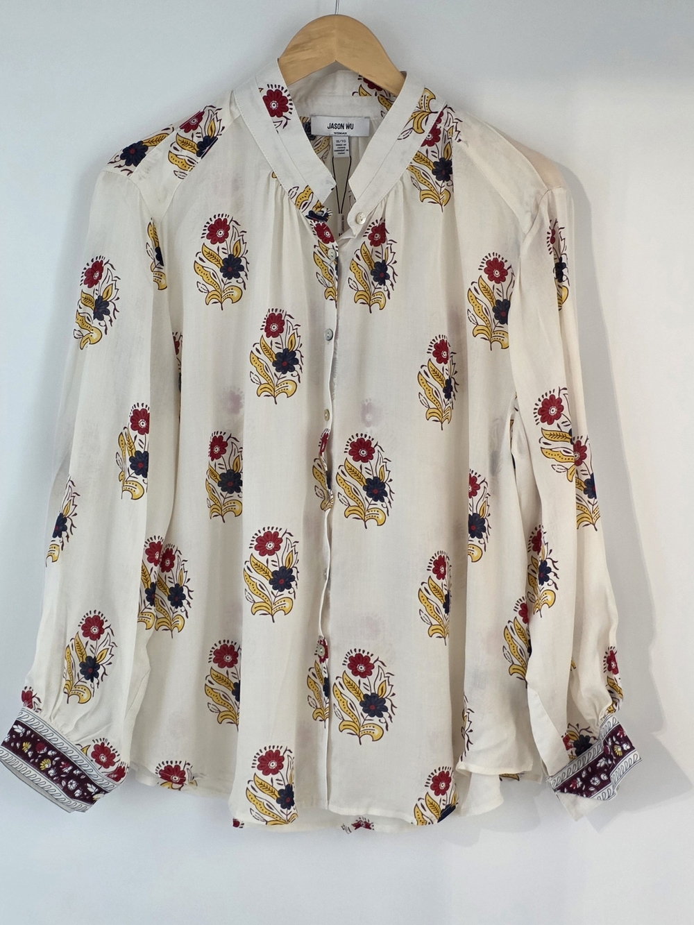 Jason Wu Cream Button-Down Blouse with Red, Navy & Mustard Floral Motif Size 1X